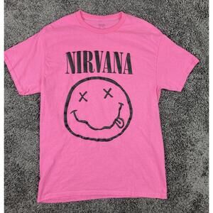 Nirvana Smiley Face T Shirt Pink Mens Medium Band Graphic Tee Short Sleeve